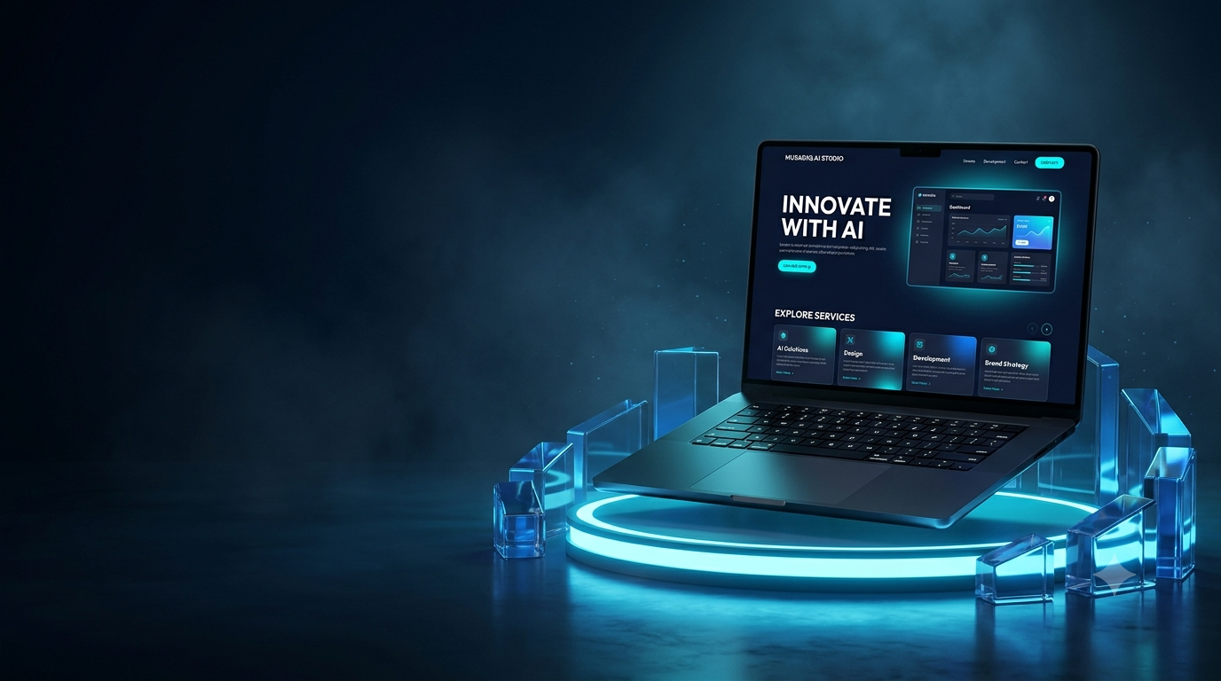 Laptop displaying a premium AI-powered creative agency website on a glowing blue platform