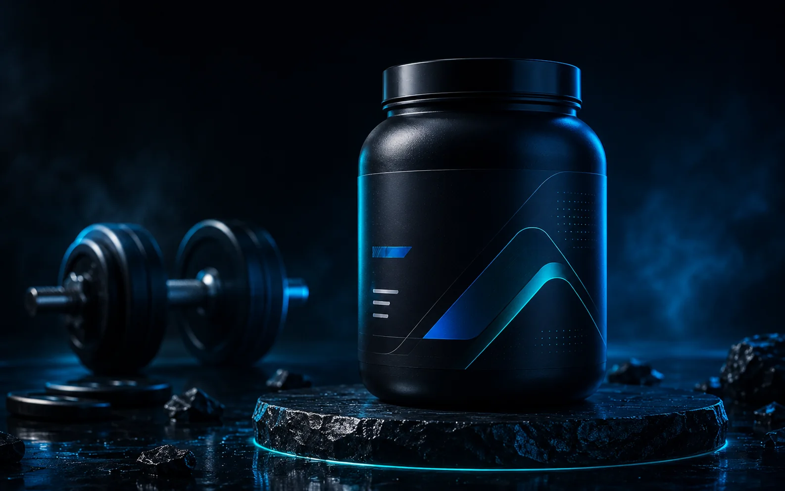 Premium fitness supplement campaign asset in blue rim light