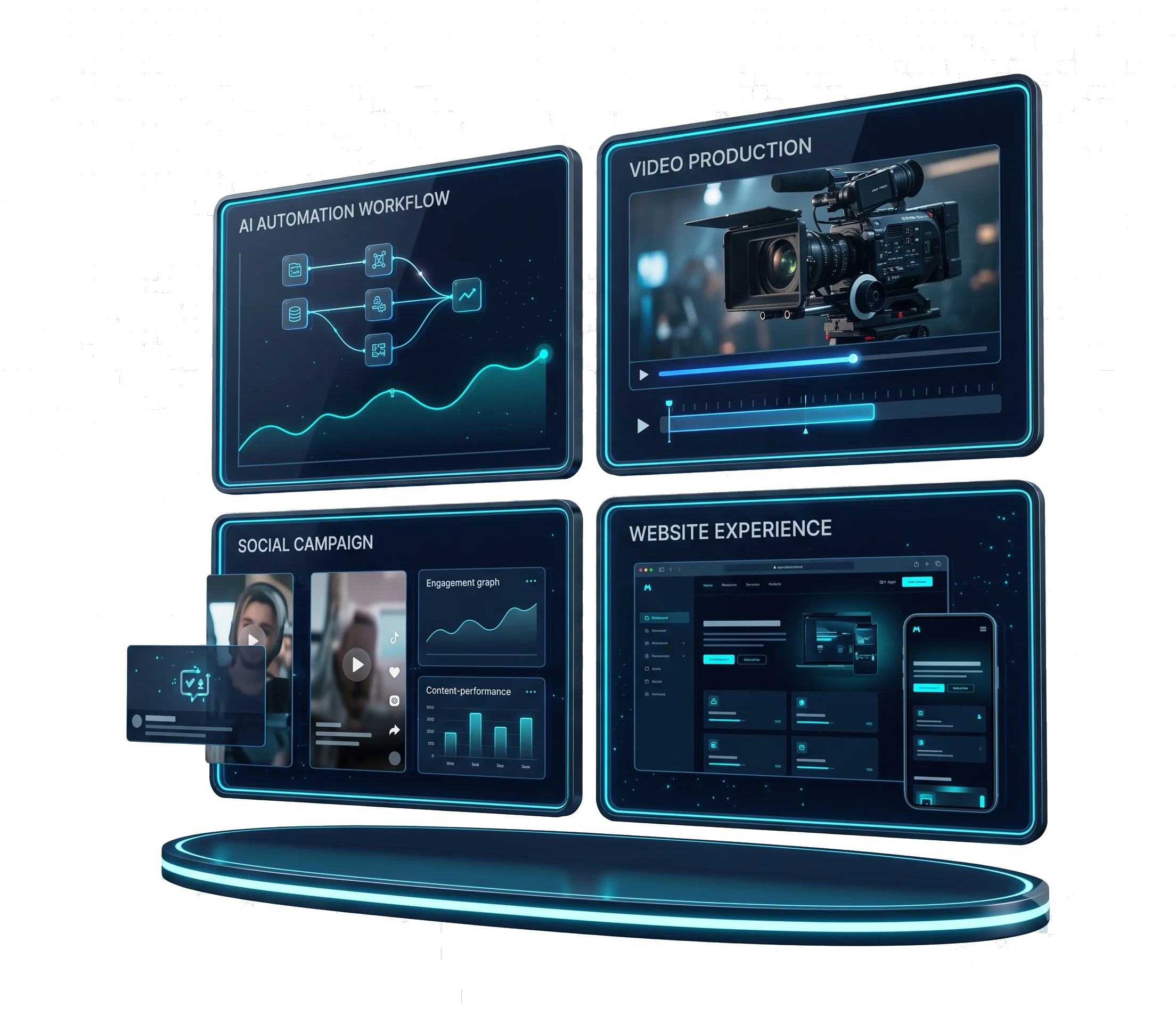 Cinematic AI studio dashboard with video production, social campaign and website experience panels