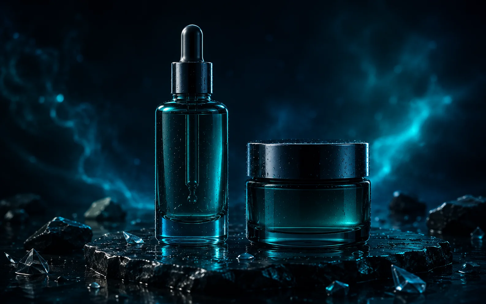 Premium serum bottle and skincare jar in cyan studio lighting