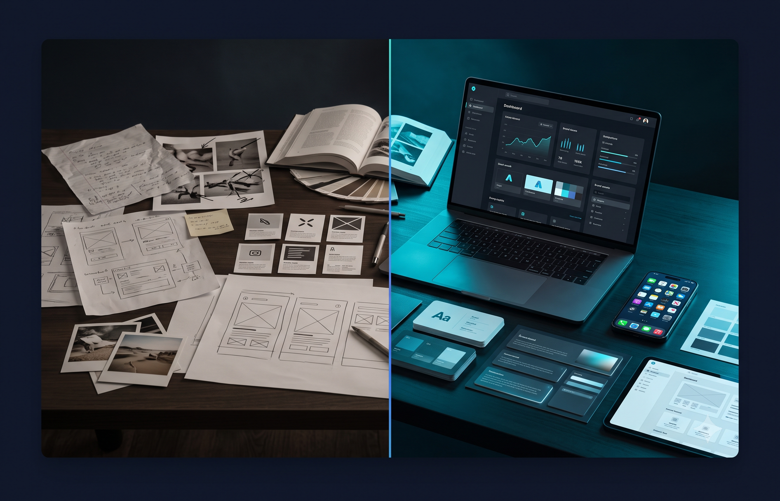 Before and after creative workflow showing raw ideas transformed into polished launch-ready digital assets