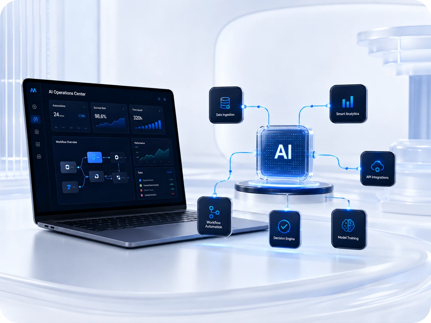 AI operations dashboard with connected automation workflows and integration modules