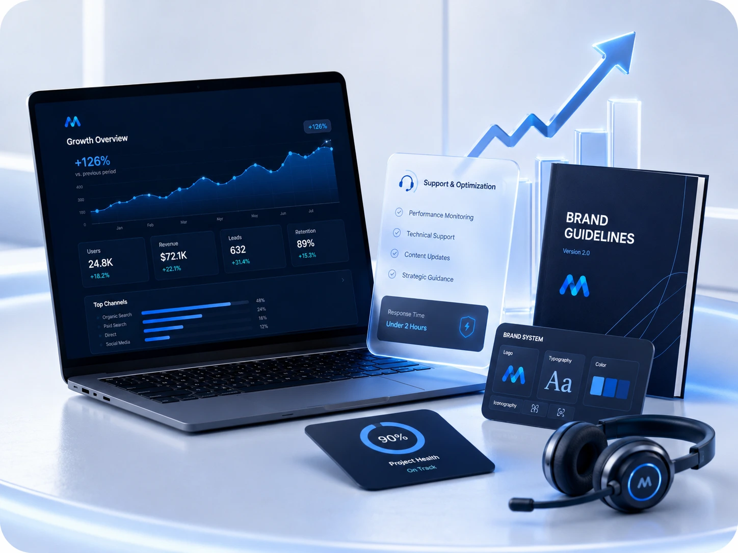 Growth dashboard, support panel and brand guideline materials arranged around a rising chart