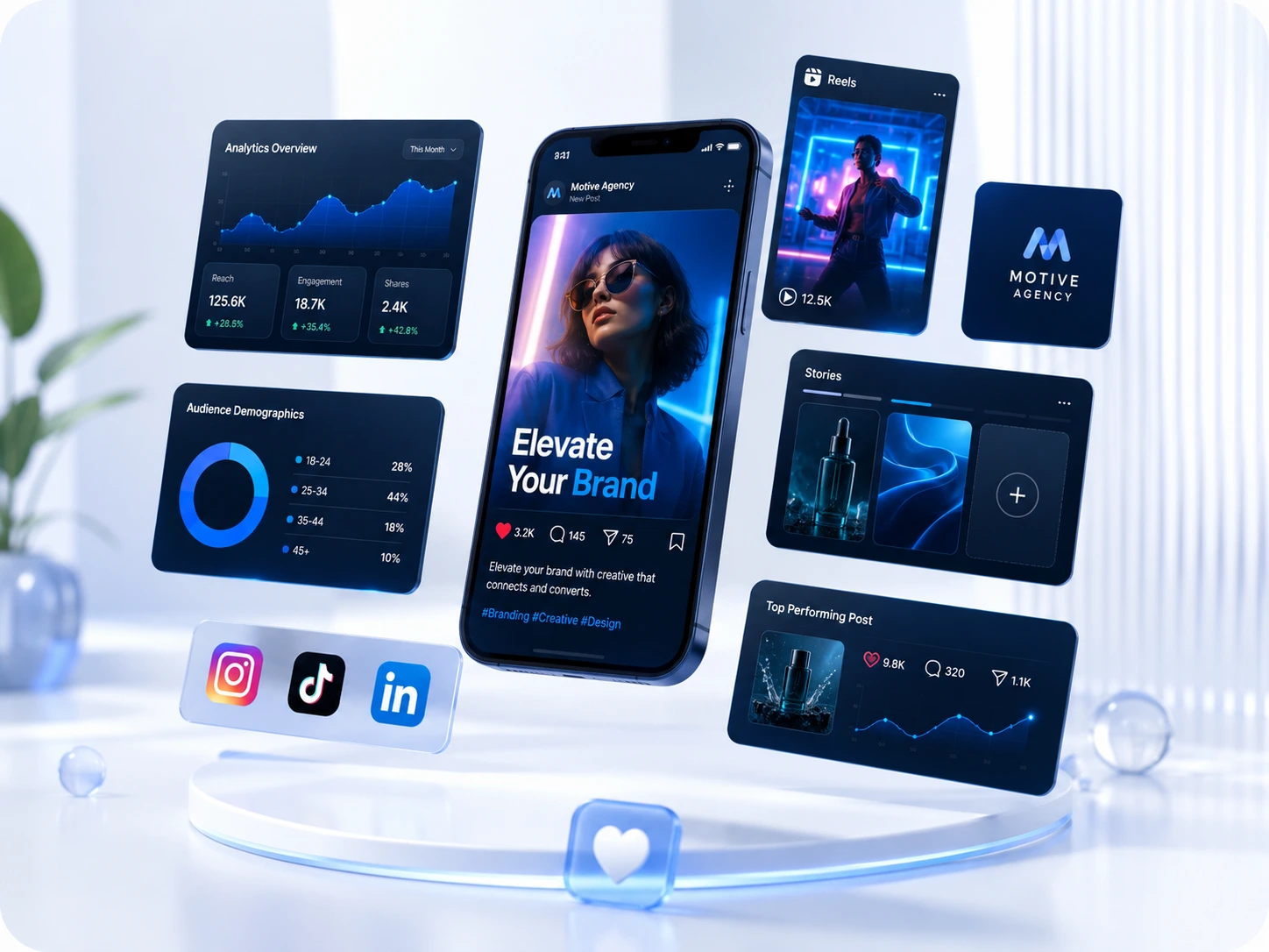 Social media campaign mockups with analytics, mobile content previews and brand assets