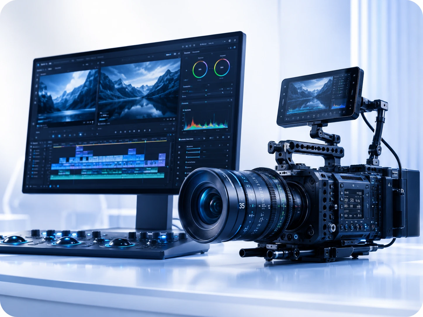 Video production editing workstation with a cinema camera and post-production timeline