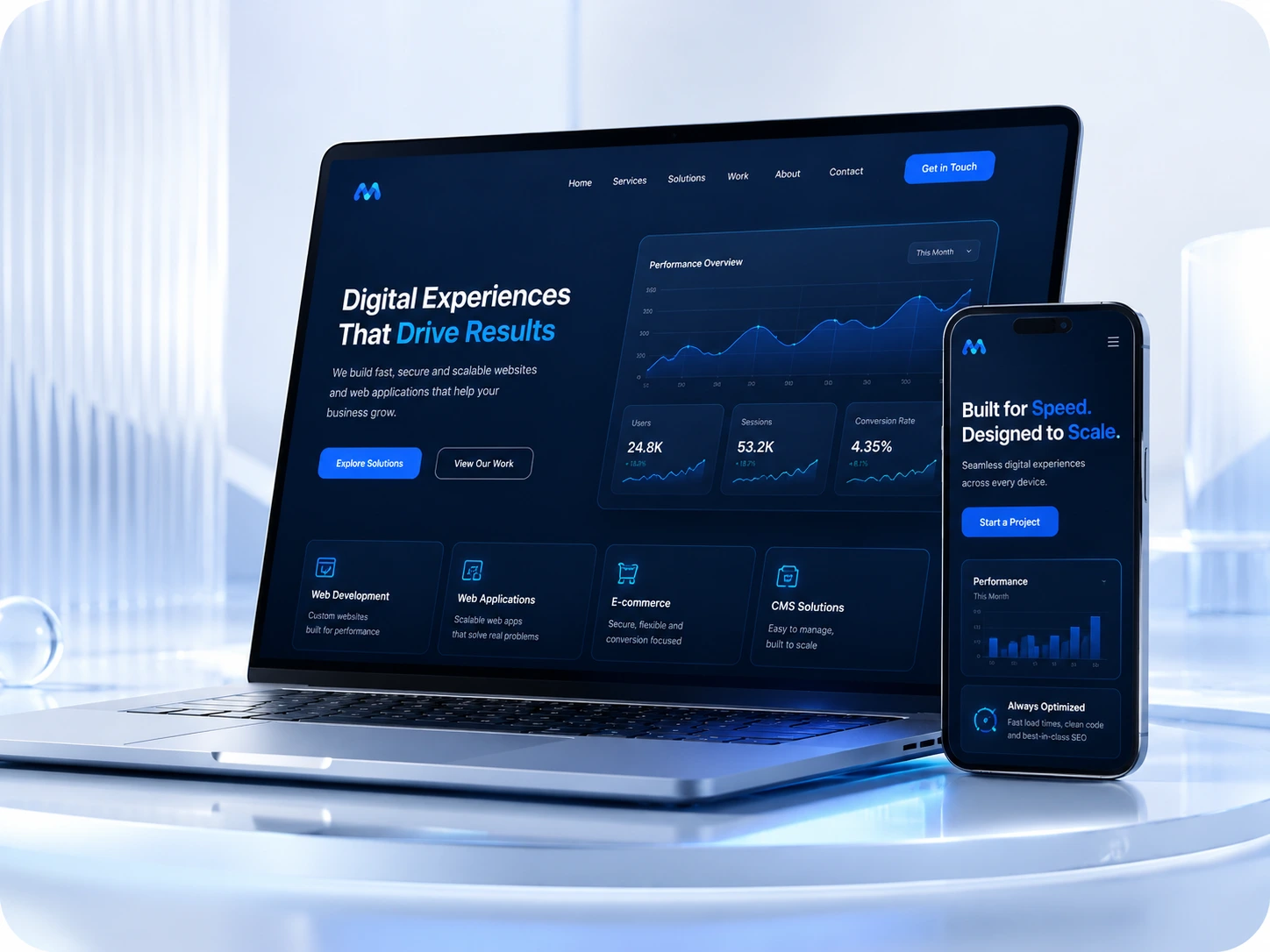 Website and web application interfaces displayed on laptop and mobile screens